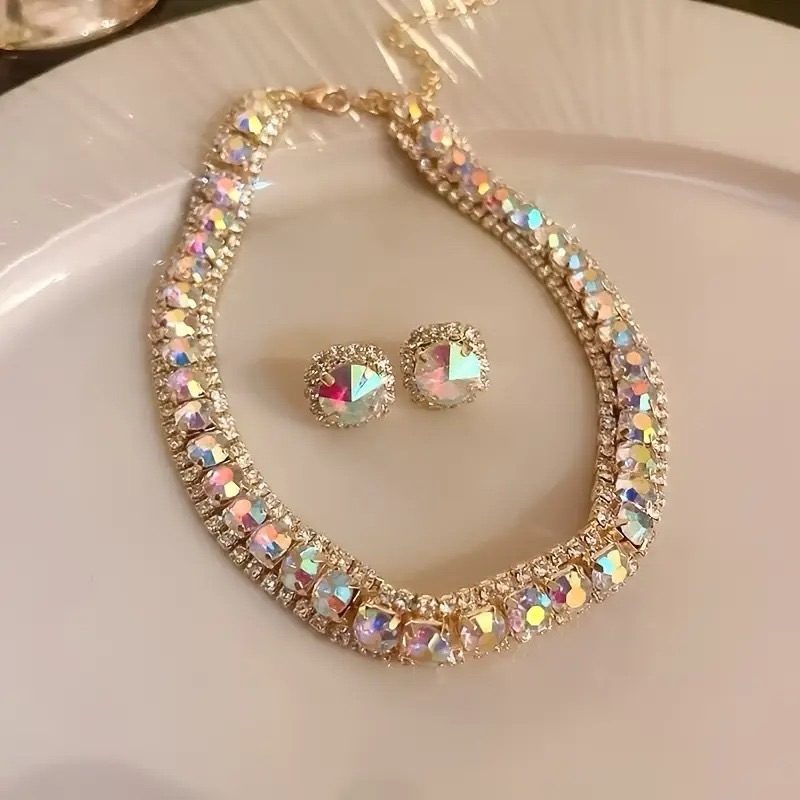 2-Pcs 18k Gold Plated Necklace & Stud Earrings Set Elegant Rhinestone Jewelry